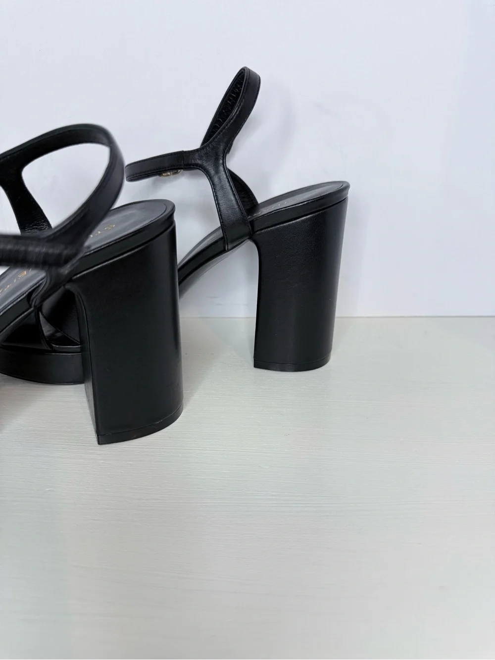 Stuart Weitzman Dayna Black Leather Platform Block Ankle-Strap Sandals 9.5 B